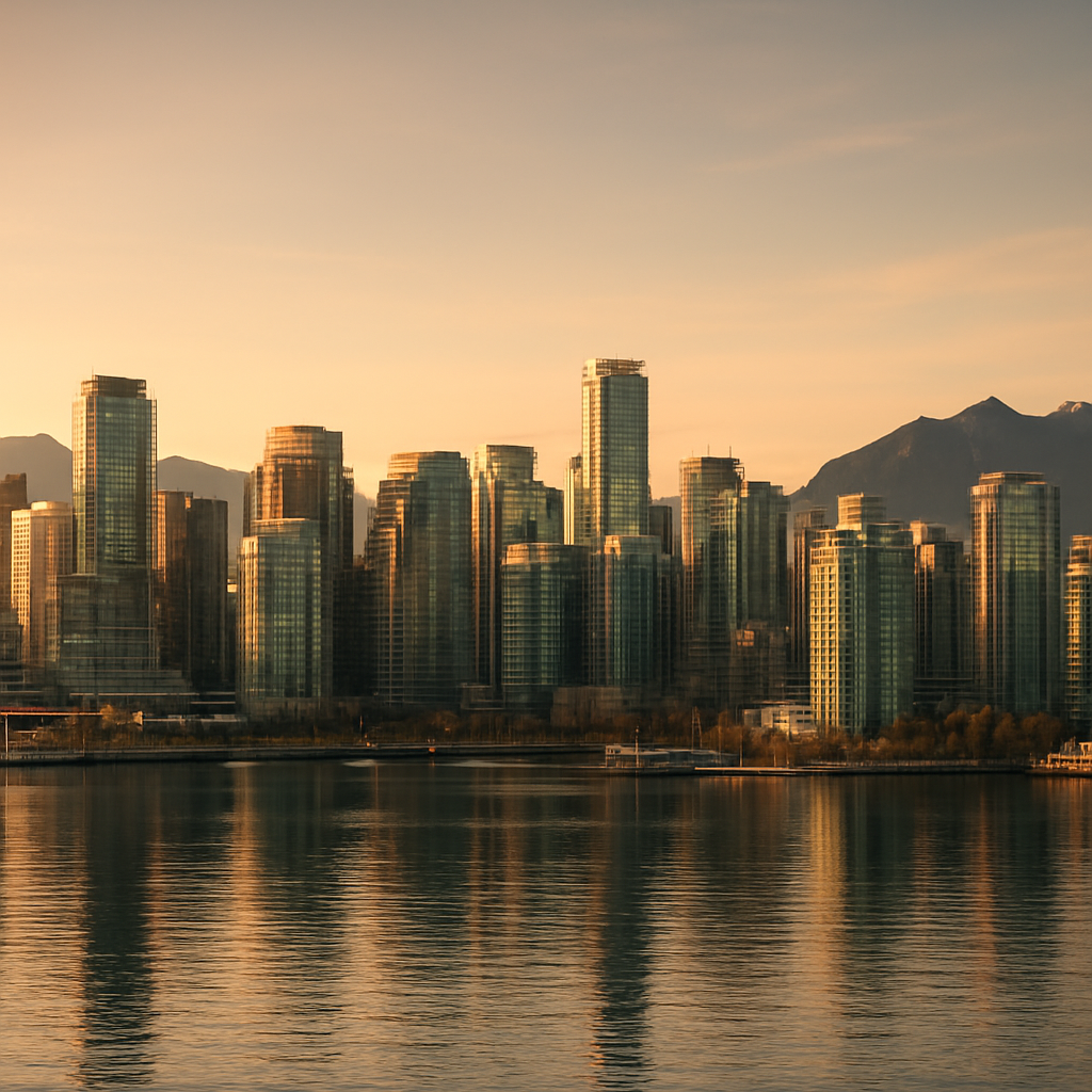 Vancouver, Canada downtown waterfront skyline at golden hour
